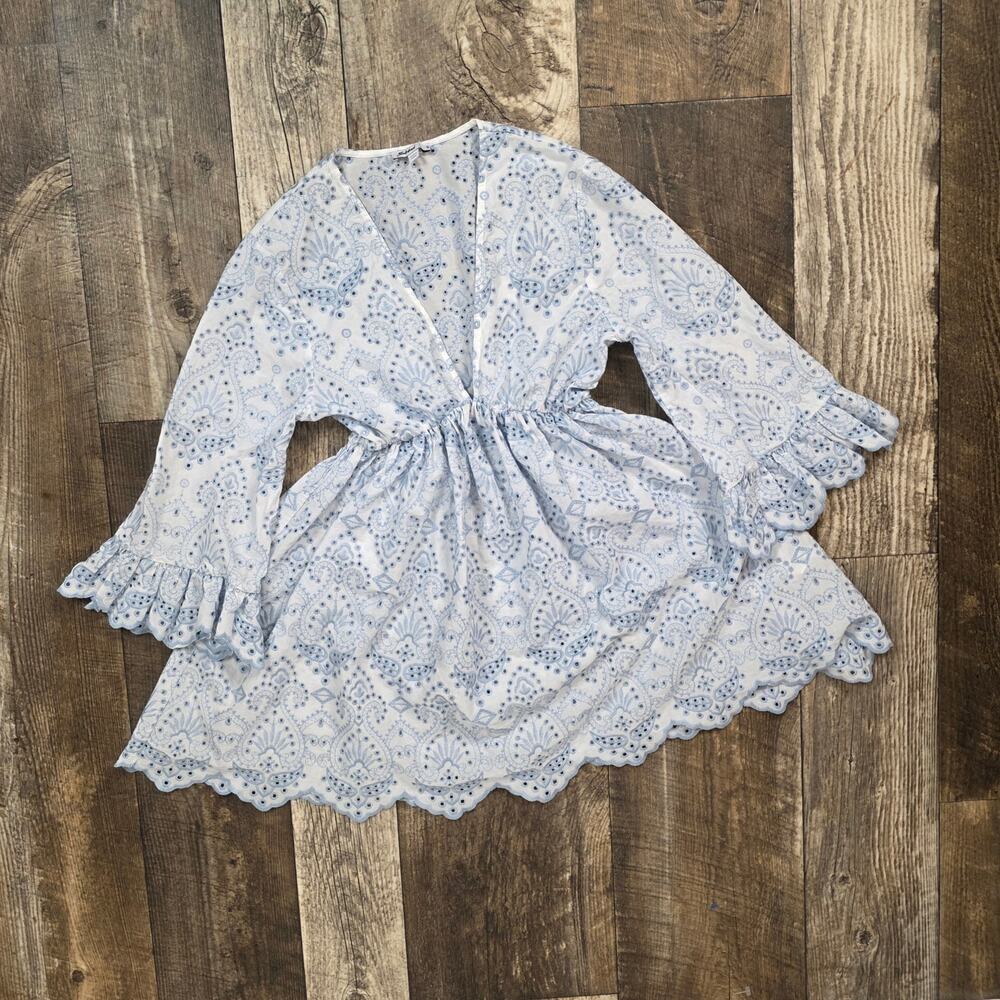 Babydoll Mini Dress Eyelet Blue Boho Cottagecore Bell Sleeve Size S Subdued